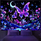 Yuiqear Blacklight Butterfly Tapestry UV Reactive Floral Plant Tapestries Trippy Nature Landscape Wall Tapestries Mysterious Starry Night Sky Tapestry Wall Hanging for Bedroom Decor