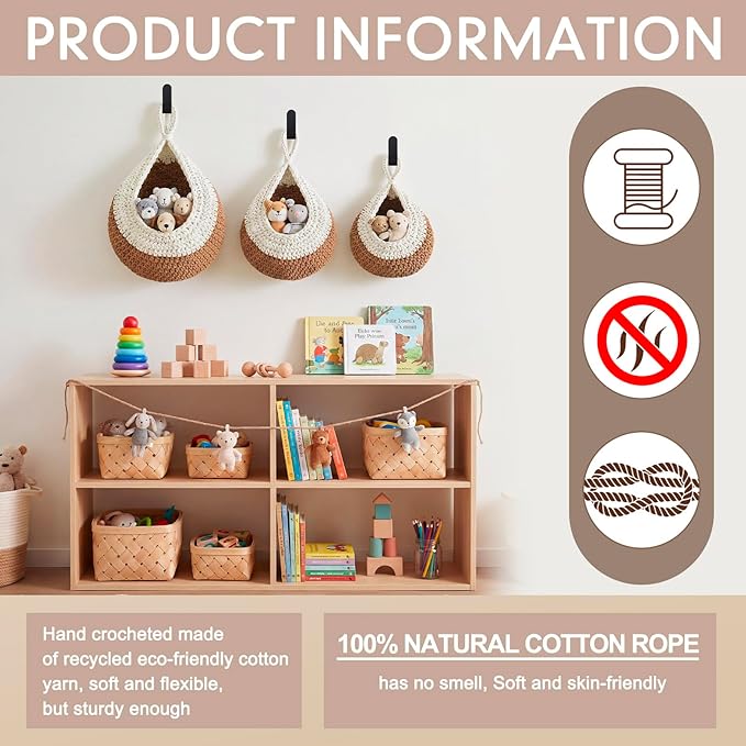 Honeydak Boho Decor Hanging Wall Baskets for Kitchen 3 Pack Teardrop Baskets with Hooks Storage Fruit Onion Vegetable Potato for Home 3 Sizes(White and Beige,Teardrop,Cotton Rope)