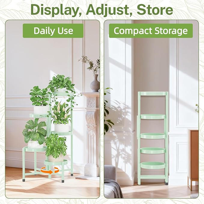iDavosic.ly Plant Stand Indoor Outdoor, 5 Tier Corner Metal Flower Display Holder Shelf, Folding Tall Orchid Rack for Patio Balcony Porch Garden Living Room House, Light Green