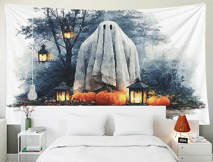 EMMTEEY Horror Tapestry Happy Halloween Ghost Pumpkins Ceiling Tapestry 80X60 Large Wall Art for Bedroom Living Room Fall Backdrop