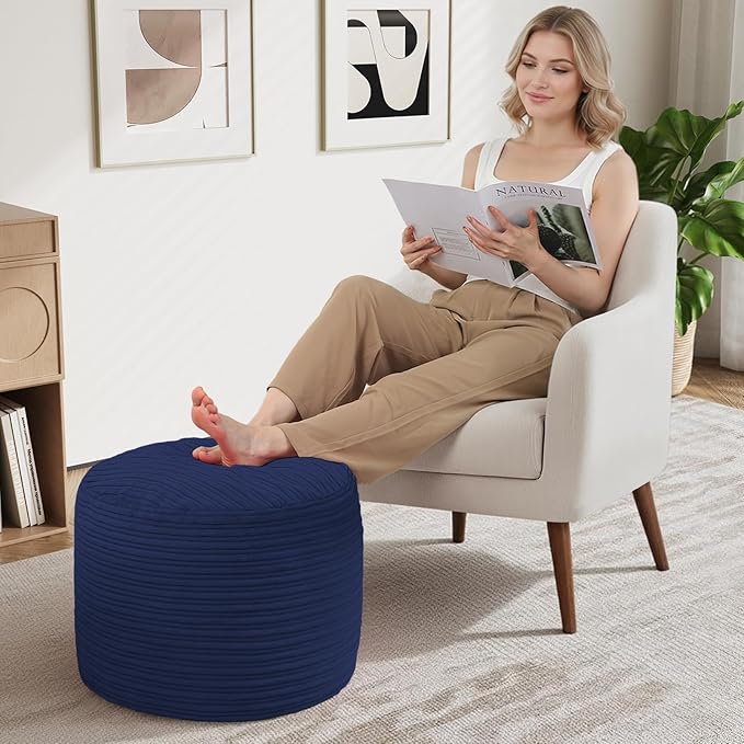 MeMoreCool Stuffed Round Pouf Ottoman Foot Rest, Soft Plush Floor Pouf Foot Stool, Corduray Footstool Footrest, Small Round Ottoman for Living Room Couch Sofa Chair, 20x15 Inch Navy