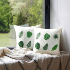 Breling 2 Pack Embroidery Tropical Pillow Covers 18x18 Inch Green Leaves Palm Monstera Leaf Pillows Cover Velvet Tufted Decorative Botanical Plant Cushion Cases for Couch Sofa Bed Summer Holiday Decor