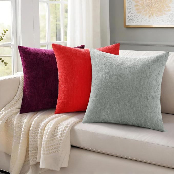 decorUhome Chenille Grey Spring Throw Pillow Covers 12x20 Inch Set of 2, Decorative Soft Couch Pillow Covers Solid Dyed Accent Farmhouse Neutral Rectangle Pillow Cases for Sofa
