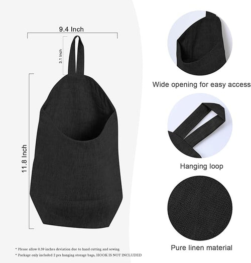 100% Linen Hanging Storage Bags Baskets 2 Pcs, Small Wall Storage Bag for Kitchen, Bedroom, RV Camper Organizer, Sewing Room, Nursery Storage, Kids Room (Black)