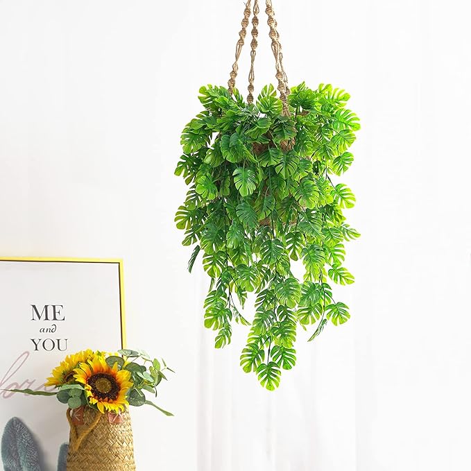 CATTREE Monstera Leaves Artificial Hanging Vines 4 Pack, Fake Ivy Tropical Leafs Green Leaf Plants Greenery Faux Vine Ivy Rattan Ferns for Wedding Garden Home Hawaiian Part Outdoor Décor