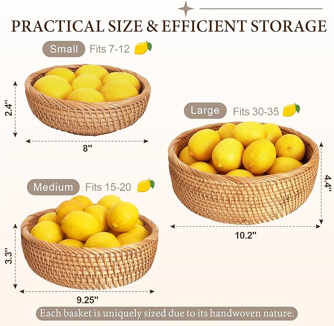10.2" Large Round Rattan Wicker Bread Basket, Natural Fruit Basket for Kitchen Counter, Hand Woven Food Baskets, Artisanal Bread Baskets for Serving, Fruit, Vegetable, Candy, Nuts, Keys, Wallets, Etc.