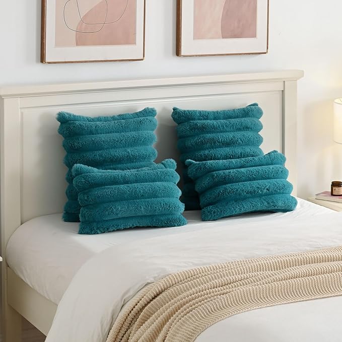 FUTEI Teal Decorative Throw Pillow Covers 24x24 Inch Set of 2, Square Soft Faux Rabbit Fur Thick Striped European Cushion Covers,Spring Home Decor for Couch Bed Living Room