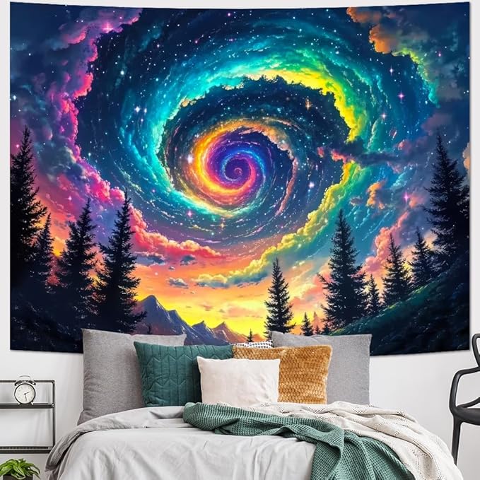 Dermijer Galaxy Space Tapestry Colorful Starry Sky Wall Tapestry Trippy Pine Forest Mountain Tapestries Fantasy Cosmic Landscape Tapestries Wall Hanging Decor for Home 59.1L x 51.2W