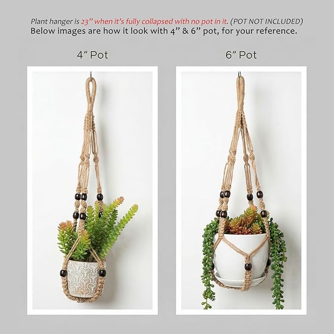 Macrame Plant Hanger Indoor, 23" No Tassel Hanging Plant Holder, Sturdy Flower Pot Holder with Hooks - Brown (Pot NOT Included)