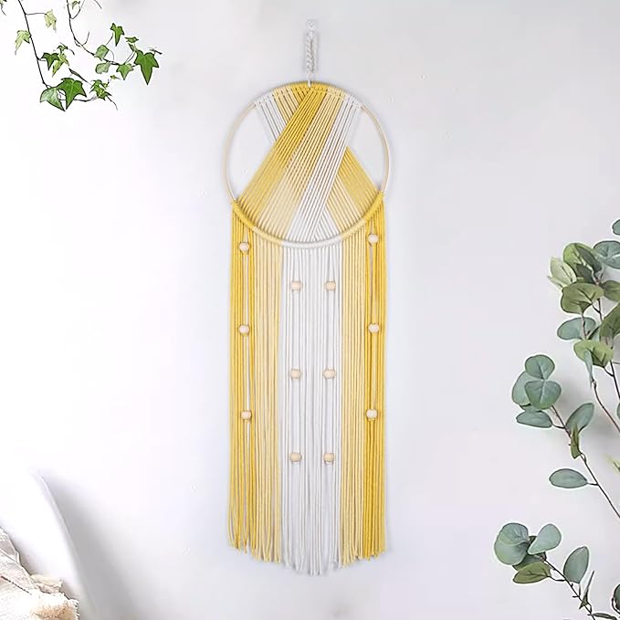 EOBTAIN Yellow Macrame Wall Hanging - Handmade Dream Catchers - Boho Dreamcatchers with Cotton Rope Tassel - Woven Wall Decor Tapestry for Living Roome Bedroom Home Decorations - 9.8" W x 31.5" L