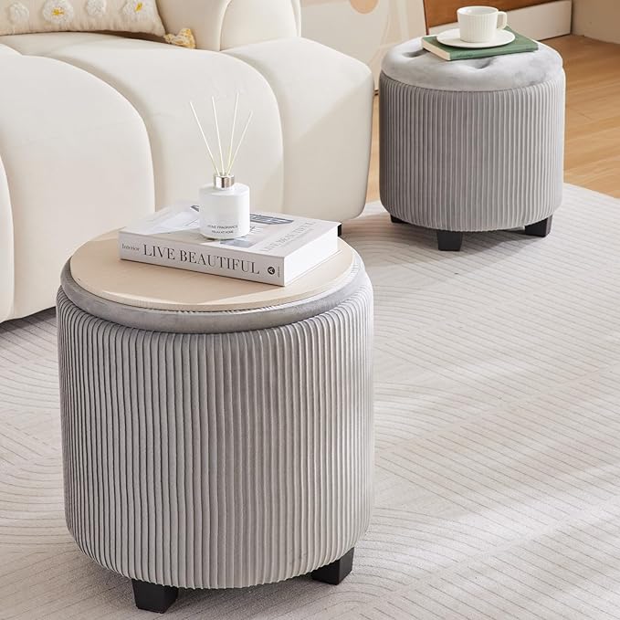 Big Round Ottoman with Storage Set of 2,Upholstered Velvet Vanity Stool for MakeupMultifunctional Foot Rest Coffee Table Padded Seat Tufted Ottomans for LivingRoom&Bedroom (Large Grey)