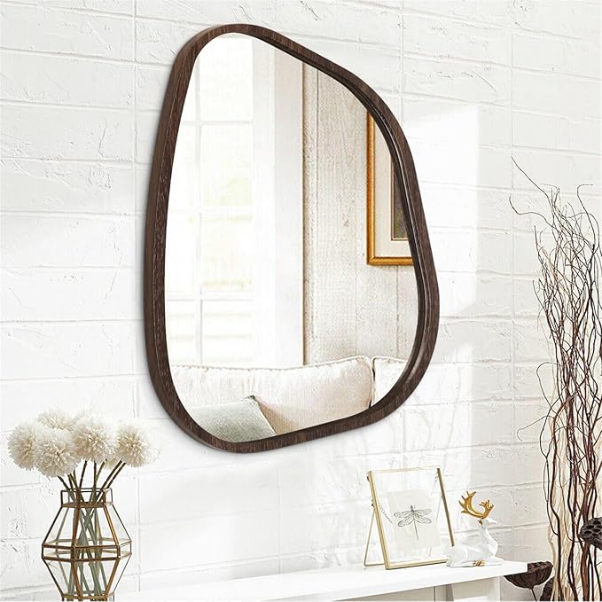 Irregular Wall Mirror Asymmetrical Large Bathroom Mirror Wood Framed Modern Artistic Decorative Vanity Mirrors for Bedroom Living Room Entryway Hallway 26"x18"