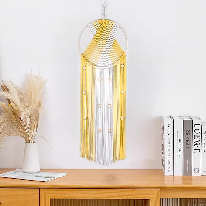 LB Boho Yellow Macrame Wall Hanging Handmade Woven Cotton Tapestry with Wood Board Modern Yellow and Beige Aesthetic Wall Decor for Home, Bedroom, Living Room