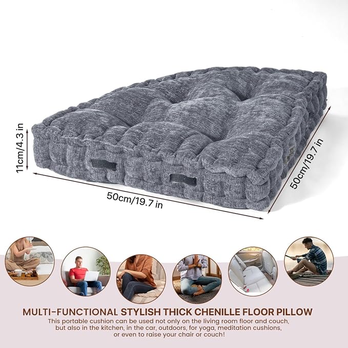 Fan-Shaped Floor Cushion Corner Nook Floor Pillow, Meditation Cushion for Sitting or Yoga, Kids Play Cushions Thick for Indoor or Outdoor Seating 20"*20" Gray