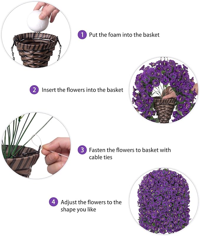 HyeFlora Artificial Faux Hanging Flowers Plants Basket for Outdoor Outside Porch Decoration, UV Resistant Fake Silk Purple Morning Glory Trailing Vines Realistic for Summer Home Balcony Yard Patio