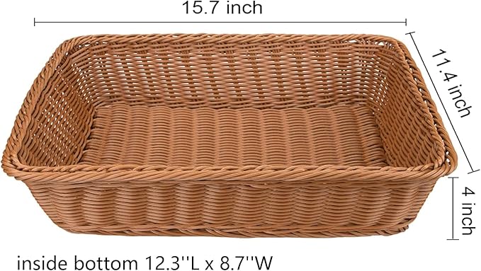 Yarlung 2 Pack Woven Bread Basket, Plastic Wicker Fruit Baskets 15.7 x 11.4 Inch, Imitation Rattan Food Serving Trays for Vegetables, Kitchen, Restaurant, Outdoor, Brown