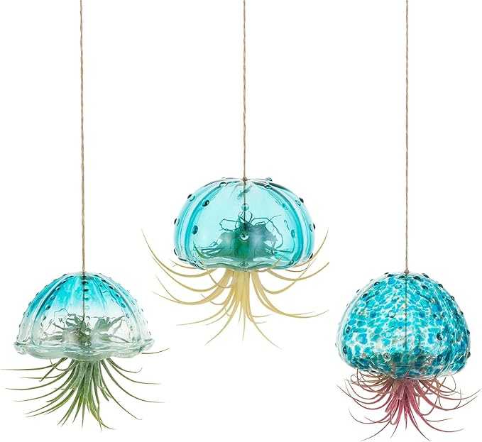Glasseam Hanging Air Plant Holder: 3Pcs Glass Jellyfish Air Plant Hanger with Jute Ropes for Tillandsia Succulent Houseplants - Cute Airplant Display Container for Indoor Home Decor