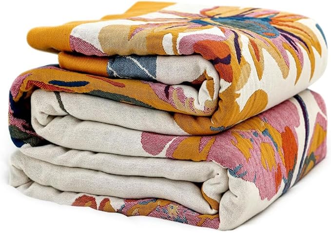 Boho Throw Blanket - 100% Cotton Soft Spring Throw Blanket for Bed, 90"x108" Reversible Breathable Lightweight Blankets, All Seasons Farmhouse Decor Floral Plant Butterfly Throw Quilt
