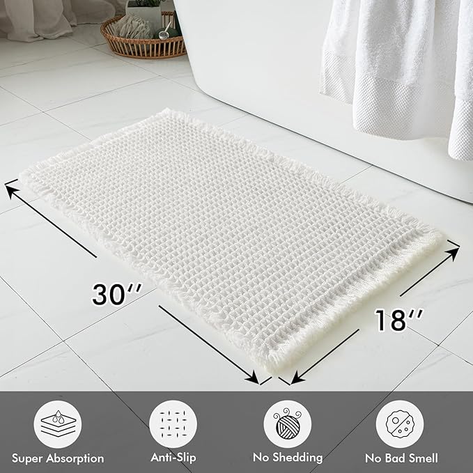 MIULEE Set of 2 Waffle Bathroom Rugs, Boho Bath Rugs Non Slip Washable, Super Absorbent Bath Mats, Ultra Soft Rubber Backed Shower Mats for Bathroom Floor, Tub and Shower, White, 18x30 Inch