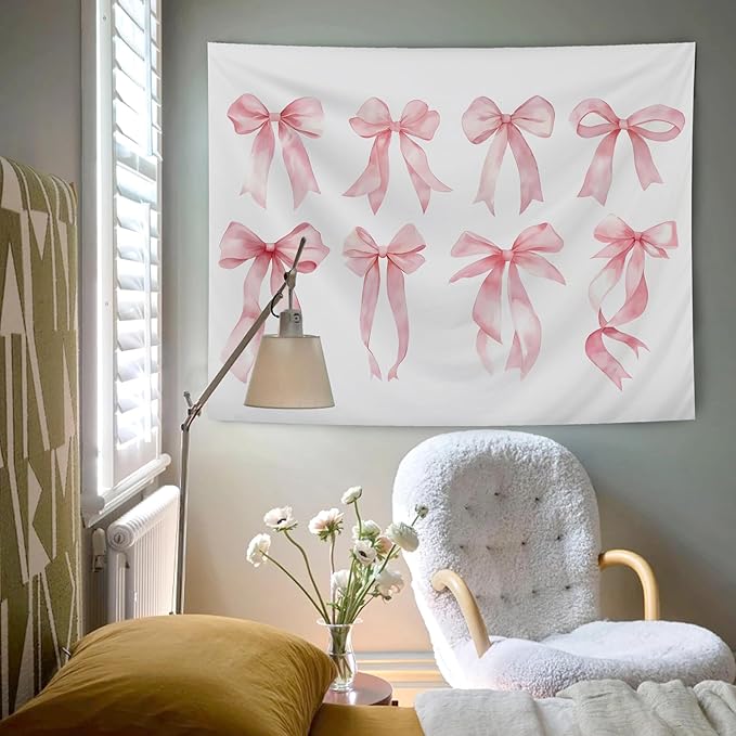 AQYIP Trendy Coquette Pink Bow Tapestry, Preppy Pink Tapestry, Girly Aesthetic Wall Blanket Decor for Girls Room Dorm Apartment Bedroom, 50x60 Inch