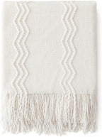 MIULEE Off White Knitted Throw Blanket for Couch Textured Knit Blanket with Tassels Cozy Woven Boho Bed Blanket for Sofa Bed Chair Acrylic Wave Pattern 50"x60"