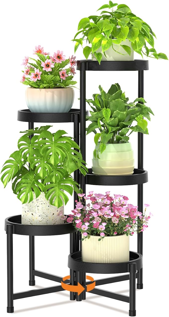LASZOLA 5 Tiered Plant Stand Indoor Outdoor with Plastic Tray, Corner Folding Tall Flower Display Rack, Modern Plant Holder Shelf for Outdoor Patio Porch Garden Office Living Room, Black