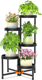 LASZOLA 5 Tiered Plant Stand Indoor Outdoor with Plastic Tray, Corner Folding Tall Flower Display Rack, Modern Plant Holder Shelf for Outdoor Patio Porch Garden Office Living Room, Black