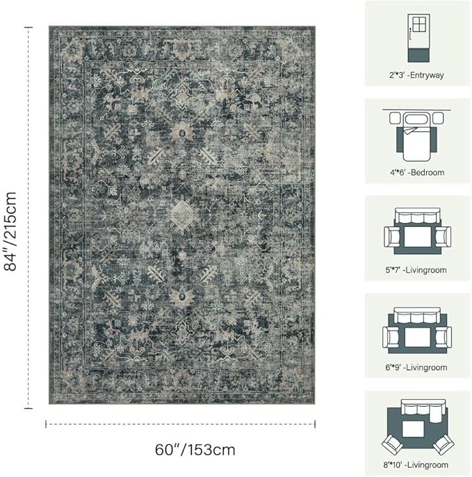 5x7 Area Rugs for Living Room Bedroom, Blue Washable Rug, Vintage Retro Boho Rug, Non Slip & Low Pile Faux Wool Thin Carpet for Indoor Dining Room and Kids Room(Blue 5x7ft)
