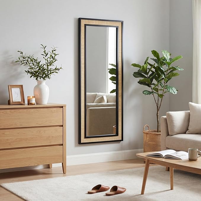 Rattan Full Length Mirror,18"x48" Long Rattan Wall Mirror,Wooden Mirror with Wicker Frame,Decorative Full Body Mirror Hanging,Farmhouse Rectangle Floor Mirror for Bathroom Living Dressing Room Black