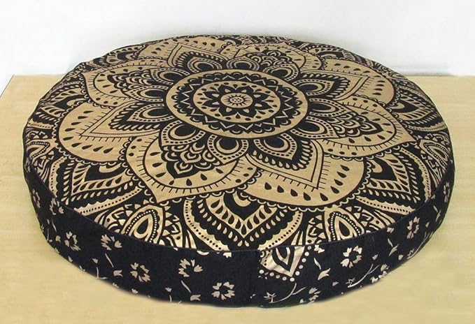 Large Hippie Mandala Round Floor Pillow Cover Ottoman Pouf Cover Daybed Cotton Cushion Cover with Heavy Duty Zipper Seating Ottoman Poufs Dog-Pets Bed 35" (Black Gold Flower, 35" Round)