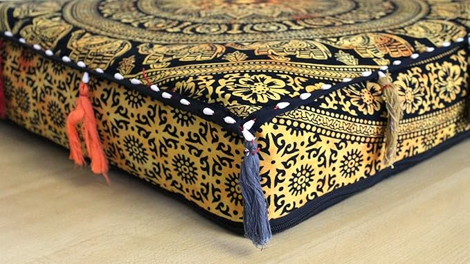 ICC Large Square Cotton Mandala Cushion Cover Hippie Ottoman Pouf Cover Daybed Floor Pillow Cover with Heavy Duty Zipper Seating Ottoman Poufs Dog-Pets Bed (Yellow 4 flower, 18" Square)