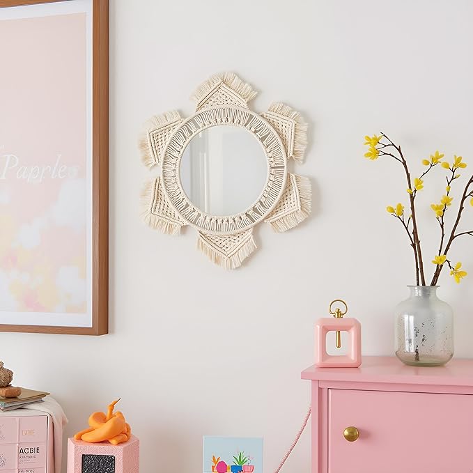 Mkono Boho Wall Mirror Decor Round Macrame Hanging Wall Art Decoration for Bedroom Nursery Living Room Apartment Office Entryways Home, Teen Girl Mothers Gift, Ivory