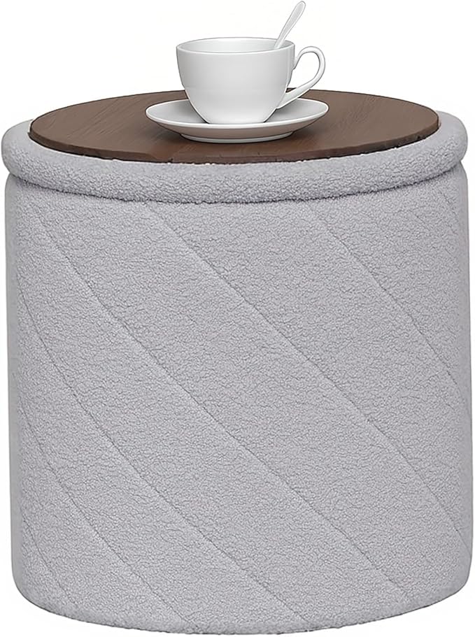 B FSOBEIIALEO Ottoman with Stroage, Boucle Round Storage Ottoman with Tray,Foot Rest Stool for Dorm Room, Living Room Grey, 16.93"x16.93"x17.72"