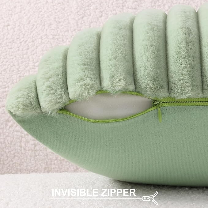 Pallene Faux Fur Plush Lumbar Spring Throw Pillow Covers 12x20 Set of 2, Luxury Soft Fluffy Striped Decorative Pillow Covers for Sofa, Couch, Living Room, Sage Green