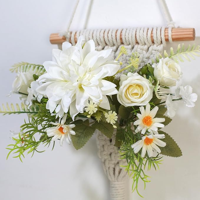 Macrame Wall Hanging with Artificial Flowers, Wall Decorative Art, Handwoven Cotton RopeTapestry, Woven Tassels Boho Home Decoration,8x23 Inches, Set of 2