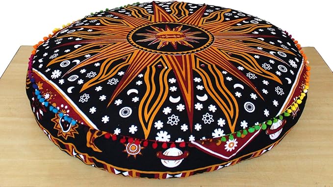 CRAFT KALA Mandala Floor Pillow Cushion Cover Seating Throw Cover Hippie Decorative Bohemian Ottoman Poufs Pom Pom Pillow Cases Boho Indian Cotton Living Room Home Décor 35" Round, Orange Burning Sun