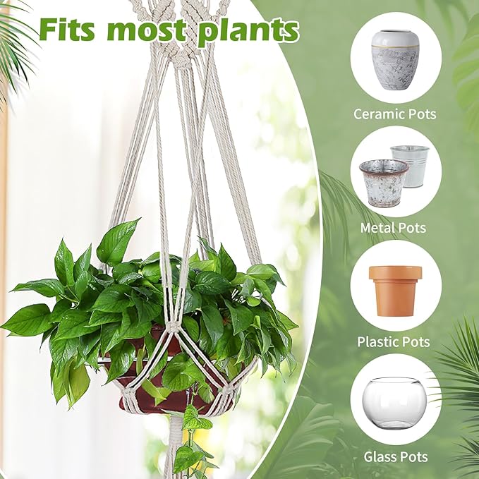 Set of 2 Boho Macrame Plant Hanger, 37 Inch Extra Long Plant Hangers Indoor, Hanging Plant Holder for Indoor Plants, Macrame Pot Holder, Hanging Macrame Basket Indoor Garden Decor