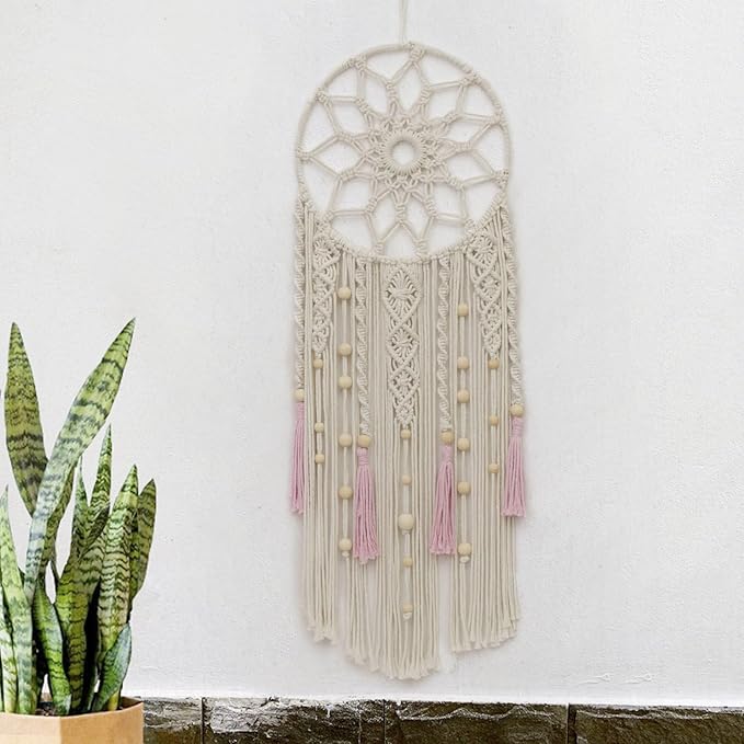 LB Boho Pink Macrame Wall Hanging Flower Dream Catcher Handmade Woven Cotton Tapestry with Wood beads Modern Aesthetic Wall Art Decor for Home, Bedroom, Living Room