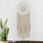 LB Boho Pink Macrame Wall Hanging Flower Dream Catcher Handmade Woven Cotton Tapestry with Wood beads Modern Aesthetic Wall Art Decor for Home, Bedroom, Living Room