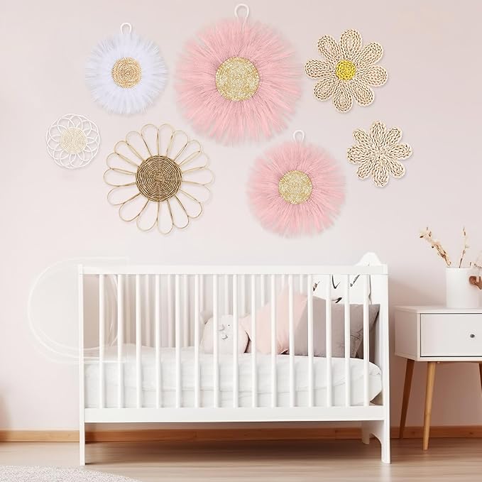 Chunful 7 Pcs Boho Wall Basket Decor Rattan Flower Wall Decor Nursery Daisy Flower Woven Macrame Hanging Flowers for Baby Kids Girls Farmhouse Bedrooms Living Rooms Kitchen Home(Pink)