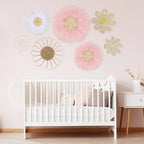 Chunful 7 Pcs Boho Wall Basket Decor Rattan Flower Wall Decor Nursery Daisy Flower Woven Macrame Hanging Flowers for Baby Kids Girls Farmhouse Bedrooms Living Rooms Kitchen Home(Pink)