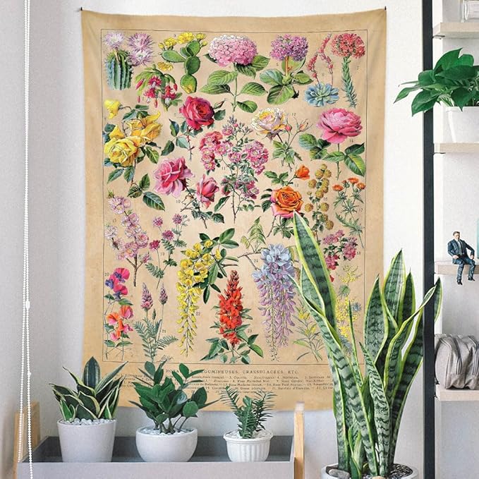 Vintage Flowers Tapestry 48”x36”, Long Vertical Wall Hanging Reference Illustrative Botanical Tapestries for Bedroom Aesthetic Floral Tapistry Botanical Plants Tapestry Wall Hanging Cute Bedroom Decor
