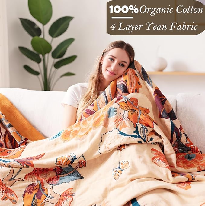 Boho Throw Blanket, 100% Cotton Breathable Soft Bed Throw - Floral Bird Farmhouse Decor Blanket for Sofa Couch Chair Quilt and Gift. 80" x 90"- Beige