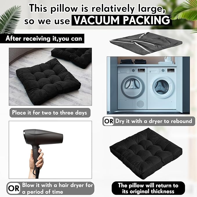 Jerify Floor Pillow Cushions Large Round Square Large Meditation Floor Pillow for Classroom Adult Meditation Picnic Party Seating Learning Daycare School(Square,Black,4 Pcs)