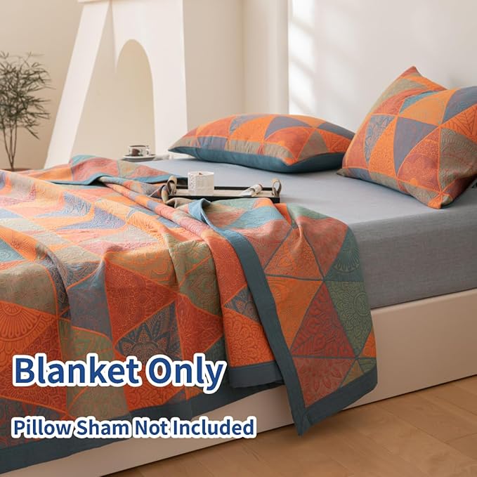 100% Cotton Muslin Blanket Jacquard Bohomian Mandala Triangle Print Quilt, Soft Bed Cover Reversible Bedspread Coverlet Breathable Lightweight Bedding Full/Queen(78"x94"), No Pillow Sham