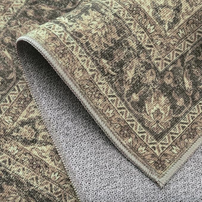 3x8 Washable Brown Runner Rug Vintage Hallway Kitchen Carpet Non-Slip Soft Low Pile Distressed Throw Rug for Bedroom Bathroom Laundry Living Room