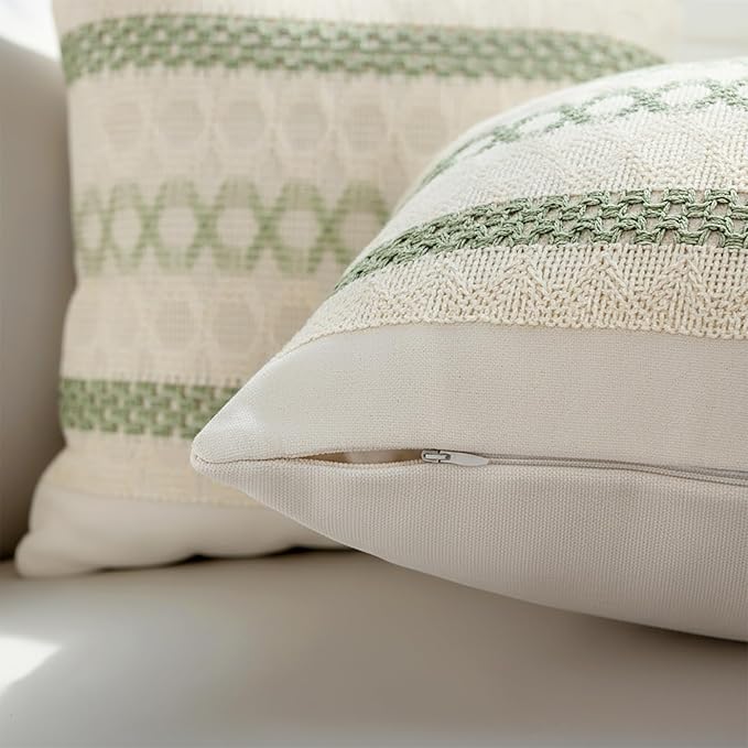 Set of 2 Sage Green Boho Throw Pillow Covers 18x18 Inch Decorative Cushion Covers for Couch Bed Sofa Chair Cotton Macrame Décor Decorations (Type B)