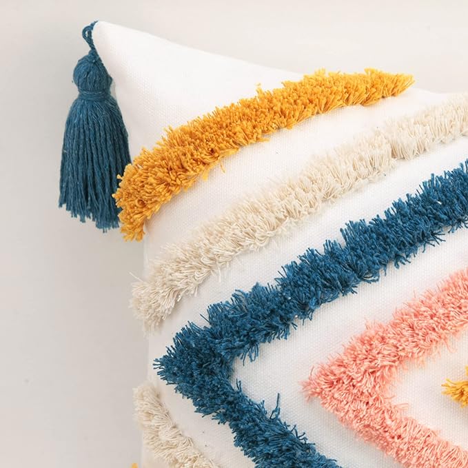 JASEN Colorful Boho Throw Pillow Covers 12x20, Diamond Pattern Lumbar Pillow Covers with Tassel Woven Tufted Decorative Pillow Cover for Couch Sofa Bedroom Living Room