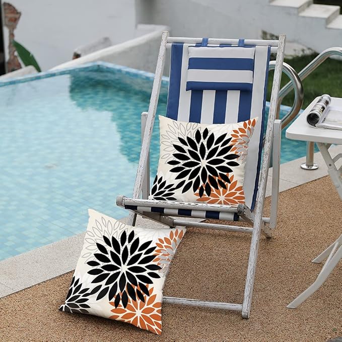 DFXSZ Black Orange Flower Pillow Covers 18x18 Inch Set of 2 Outdoor Throw Pillows Outdoor Waterproof Decor for Living Room Sofa Patio Funiture Garden Floral Polyester Pillow Covers 002V18