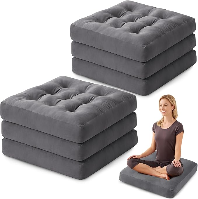 Meditation Floor Pillow Set of 6, Square Large Pillows Seating for Adults, Meditation Cushion Pillow,Tufted Corduroy Cushion for Tatami Living Room or Yoga, Dark Gray, 22x22 Inch